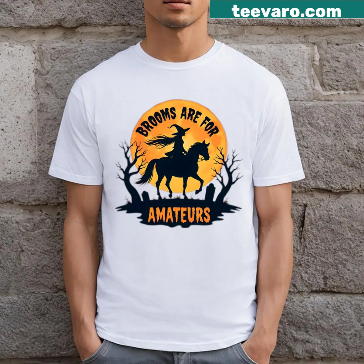 Funny Halloween T-shirt with witch riding a horse graphic — on a men's t-shirt