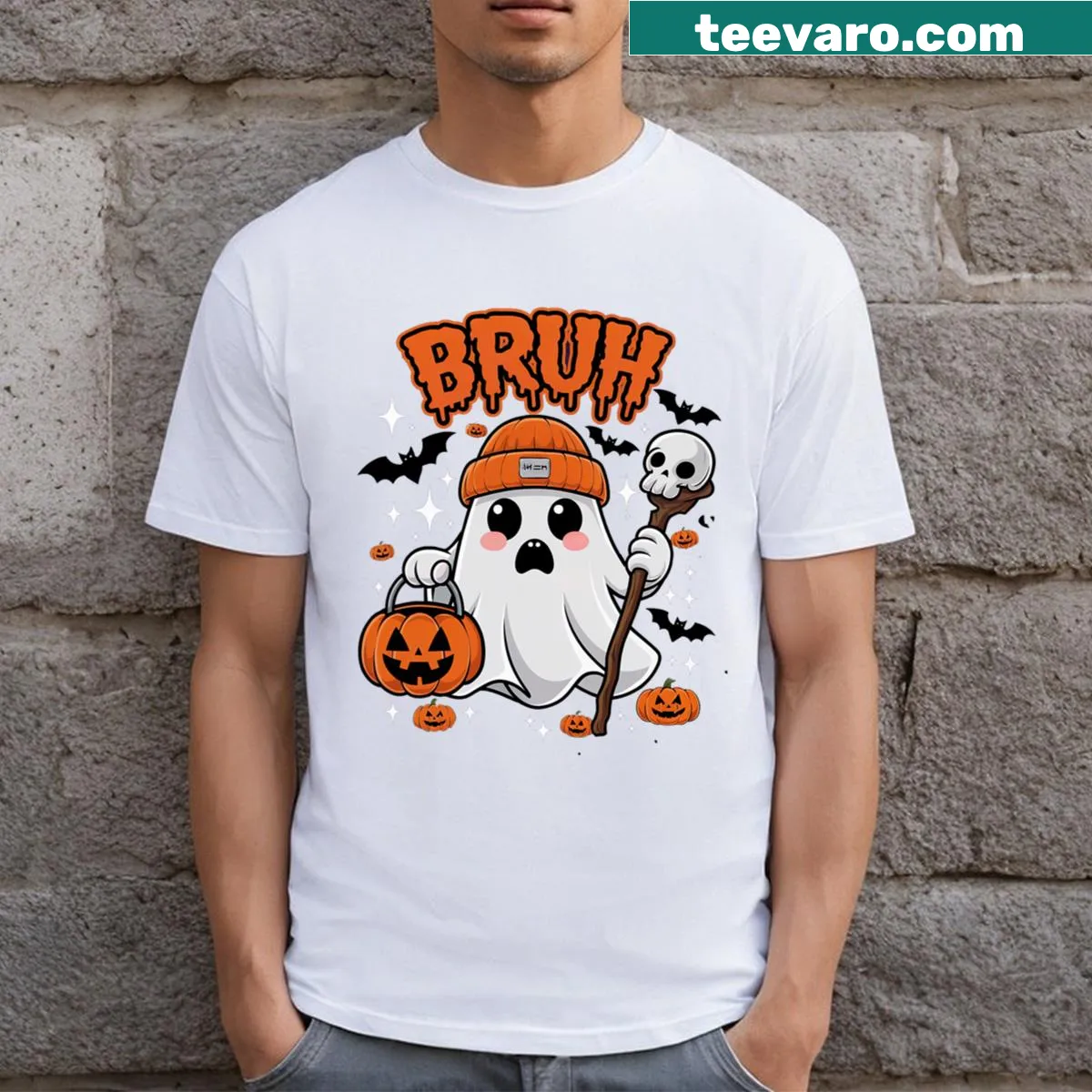 Cute cartoon ghost t-shirt for kids with trick or treat phrase — on a men's t-shirt