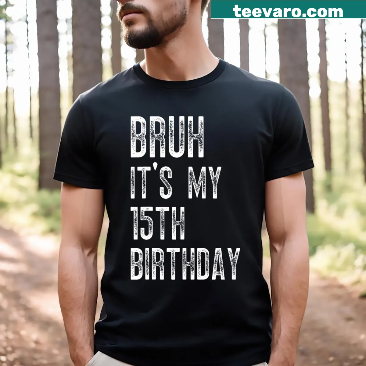 Funny birthday t-shirt for teens announcing 15 years old — on a men's t-shirt