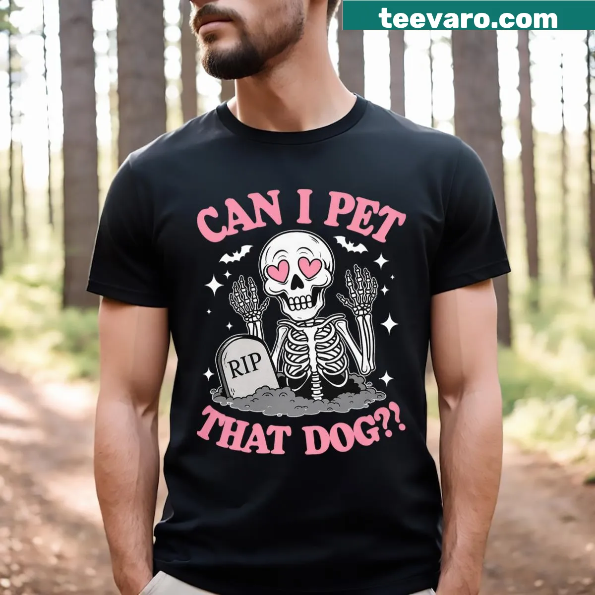 Skeleton dog graphic with the phrase 'Can I Pet That Dog?' for Halloween — on a men's t-shirt