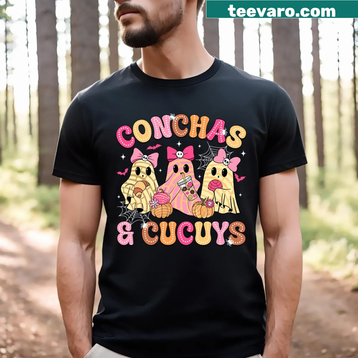 Cute cucuys and conchas ghost graphic on a Halloween t-shirt — on a men's t-shirt