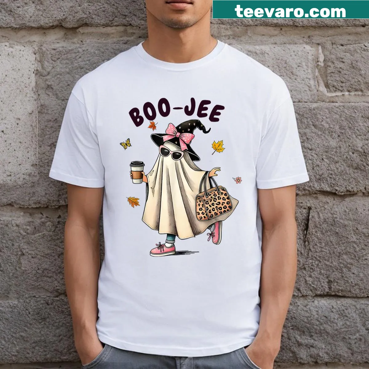 Cute ghost graphic on a funny Halloween t-shirt — on a men's t-shirt