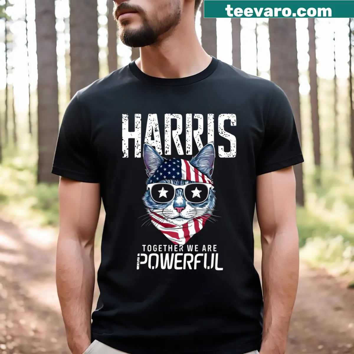 Cat design with Kamala Harris 2024 text on a t-shirt — on a men's t-shirt