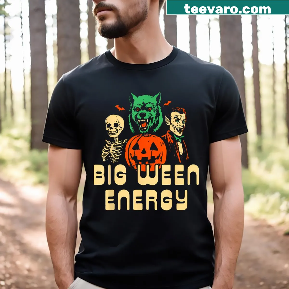 Funny Halloween t-shirt with text: Big Ween Energy — on a men's t-shirt