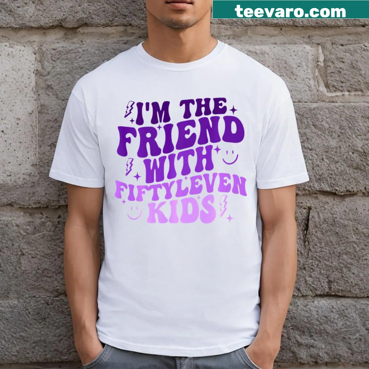 T-shirt featuring the phrase 'I'm the friend with fiftyleven kids' in playful font — on a men's t-shirt