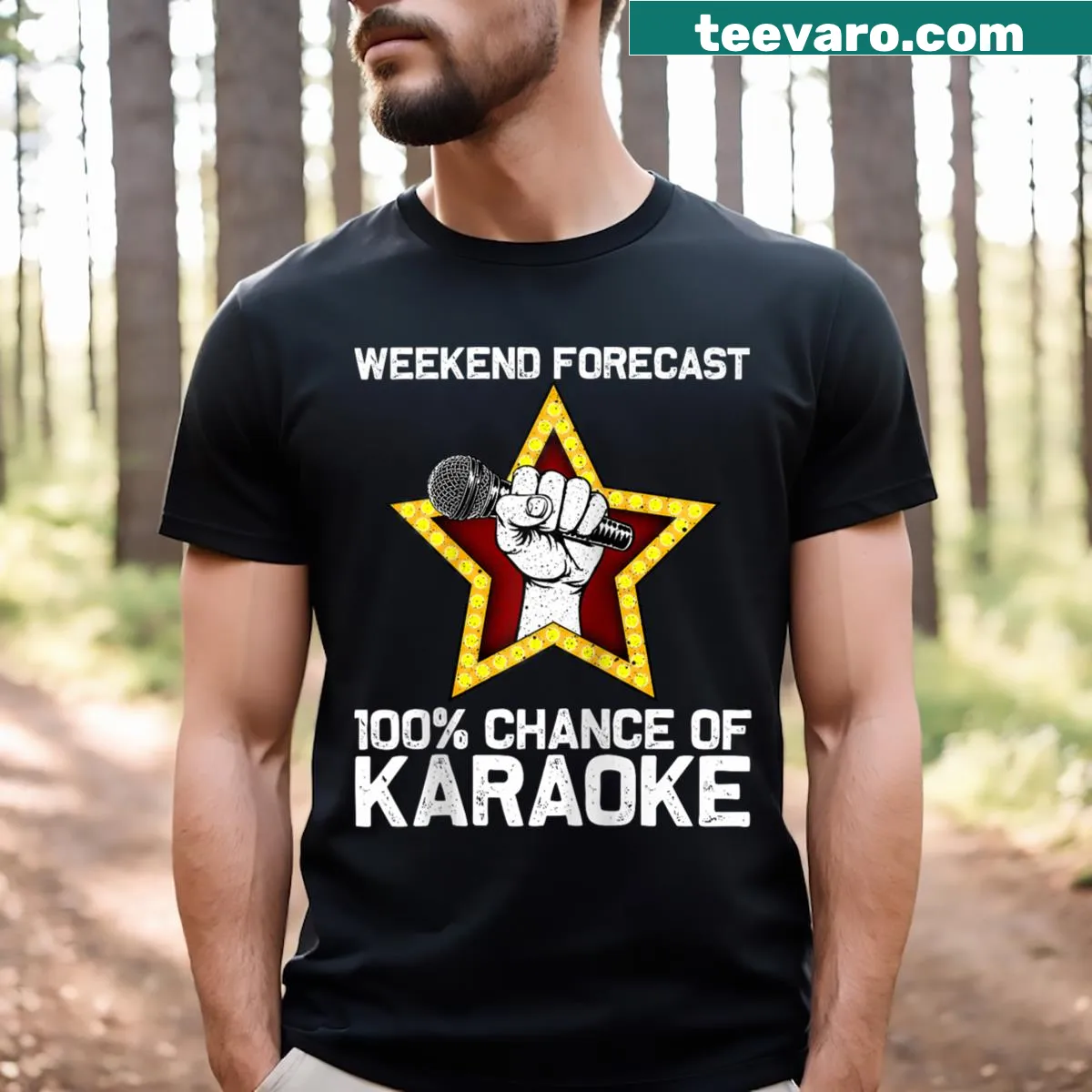 Karaoke-themed graphic with microphone and musical notes on a T-shirt — on a men's t-shirt