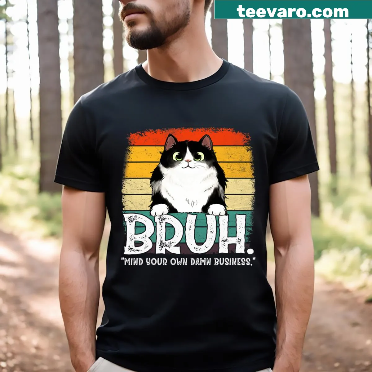 Funny meme saying 'Bruh' with cat design t-shirt — on a men's t-shirt