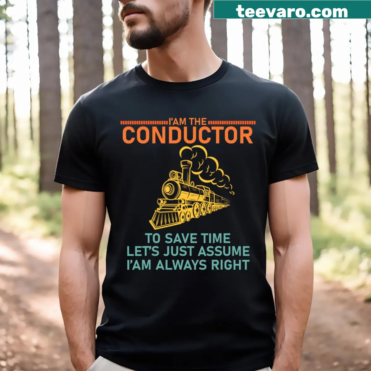 Funny train conductor art on a men's t-shirt — on a men's t-shirt