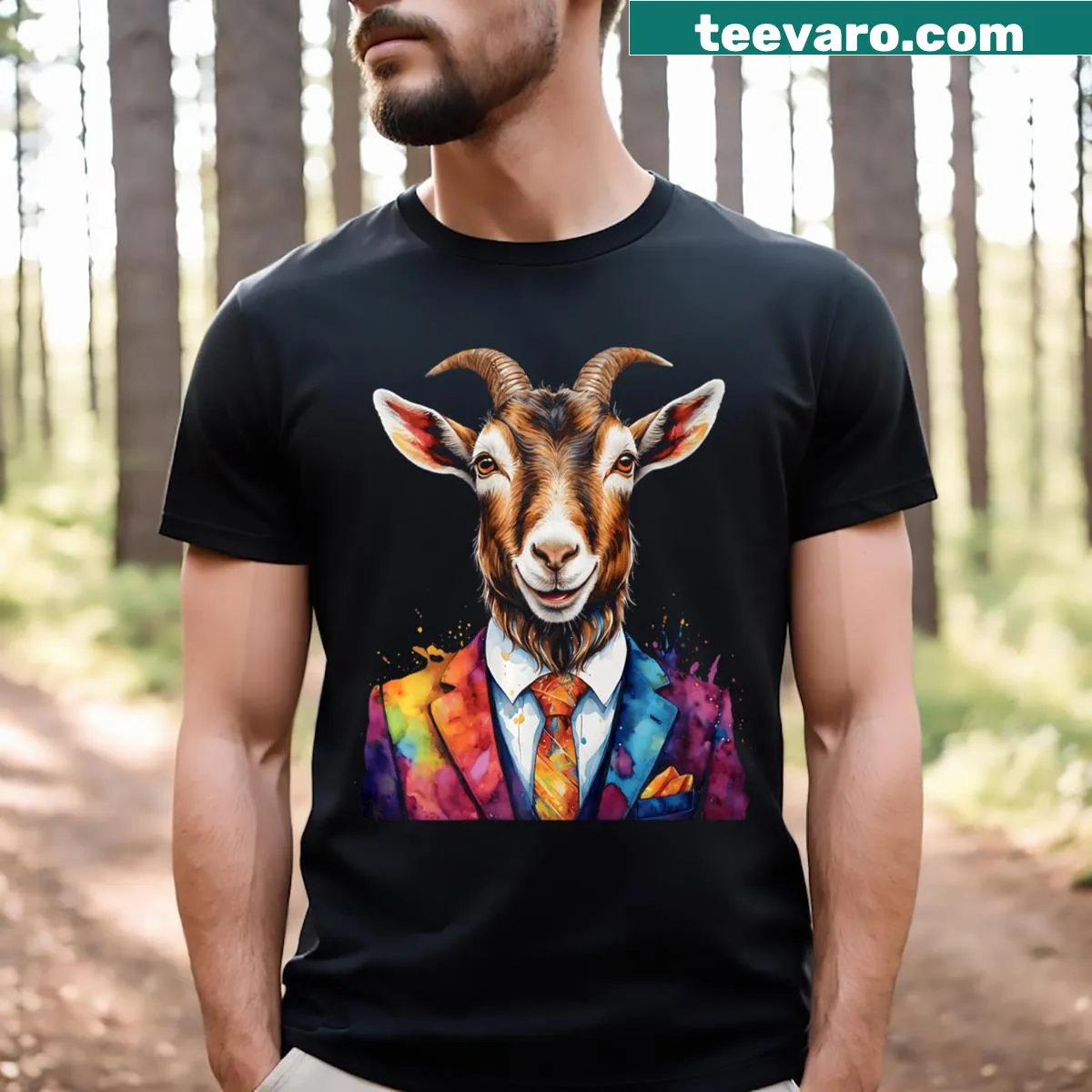 Playful goat graphic in a suit on a humorous T-shirt — on a men's t-shirt