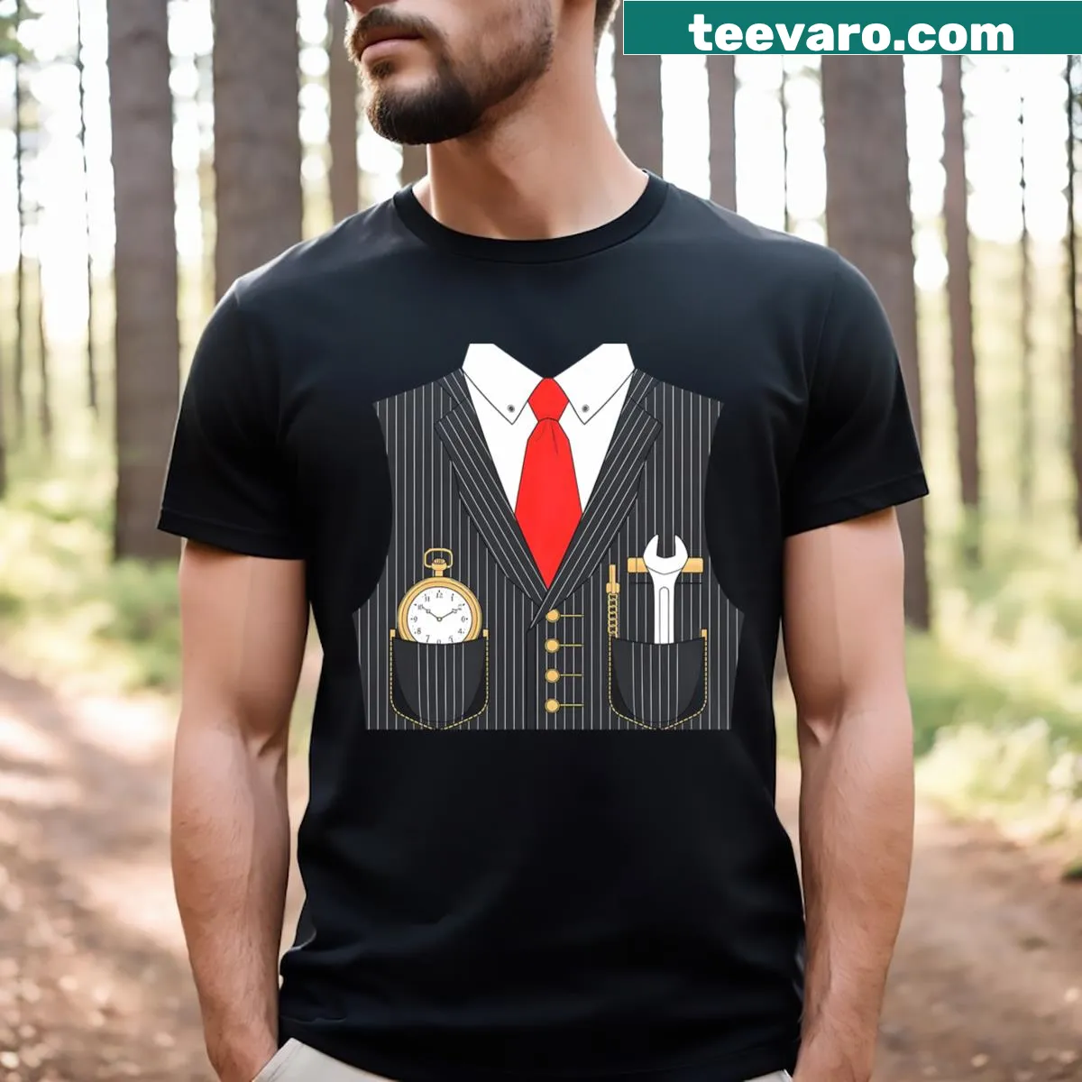 Playful Halloween train conductor theme t-shirt — on a men's t-shirt