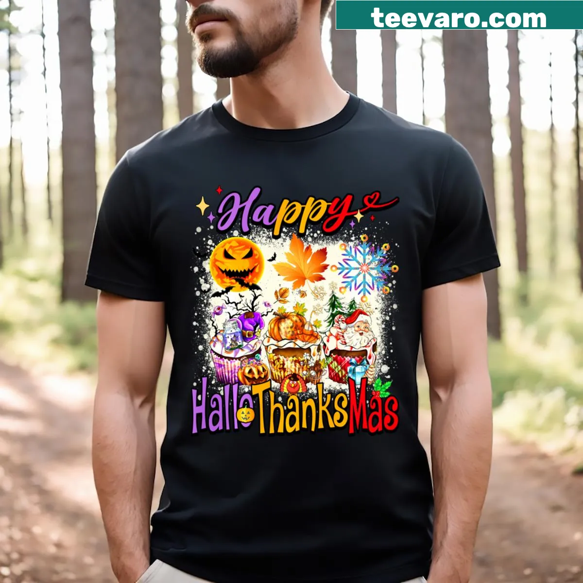 Humorous Hallothanksmas family t-shirt — on a men's t-shirt