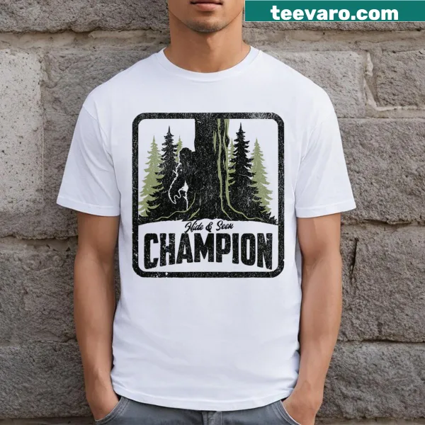 Funny Bigfoot t-shirt featuring 'Hide and Seek Champion' text and illustration