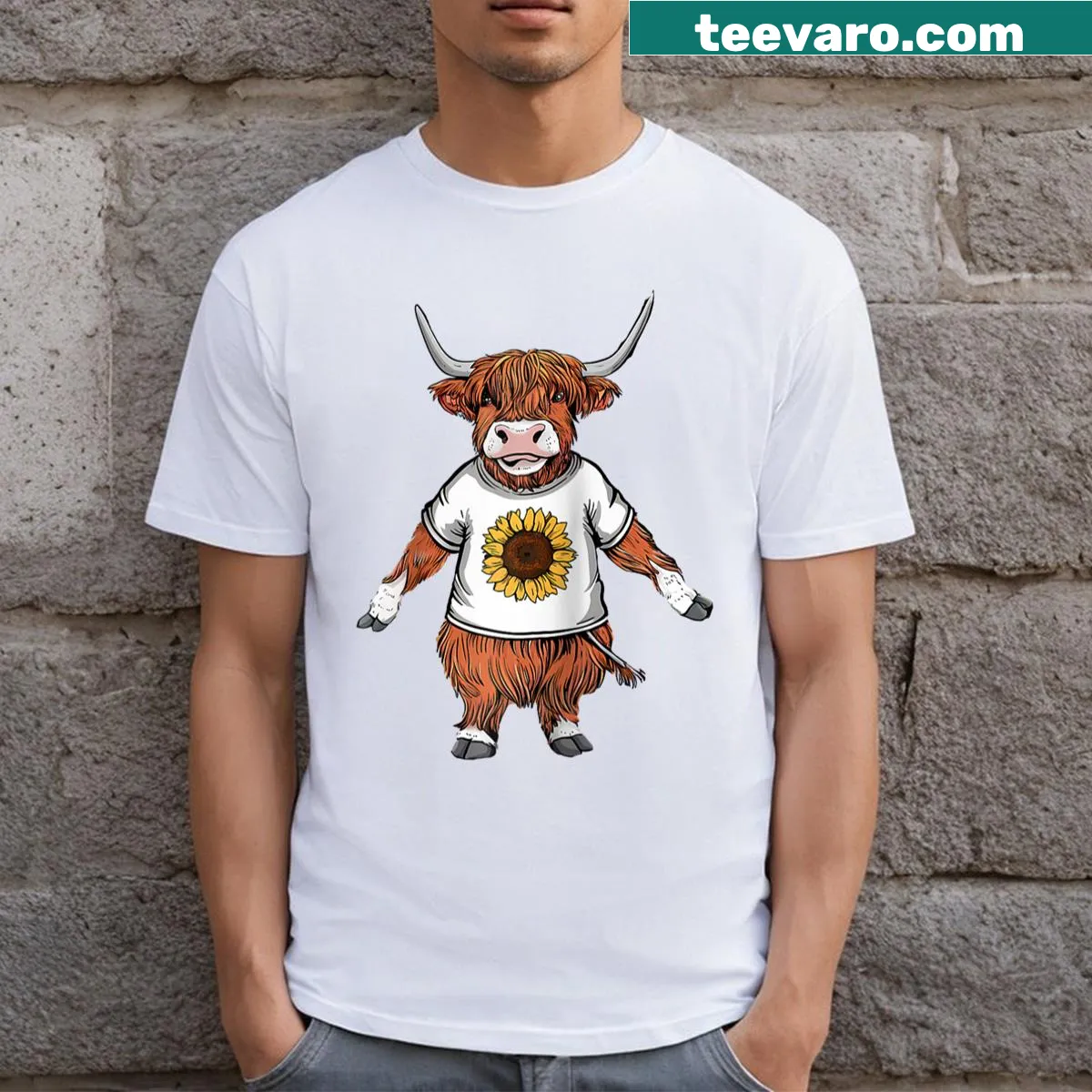 Funny Highland cow with sunflower illustration on raglan t-shirt — on a men's t-shirt