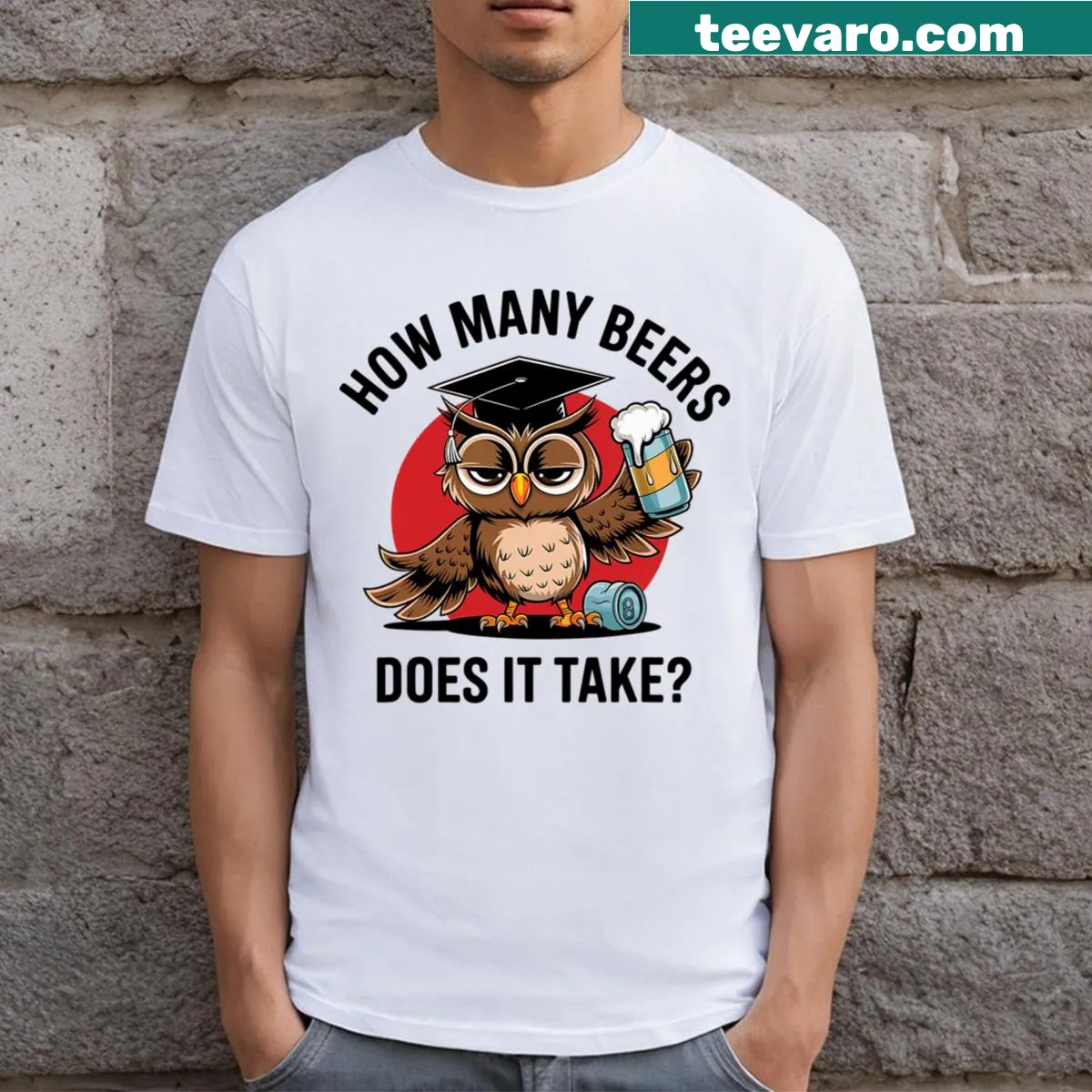 Funny t-shirt with owl and beer text design — on a men's t-shirt