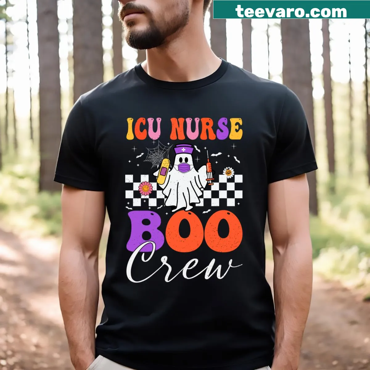 Funny Halloween t-shirt for nurses with ghost and text — on a men's t-shirt