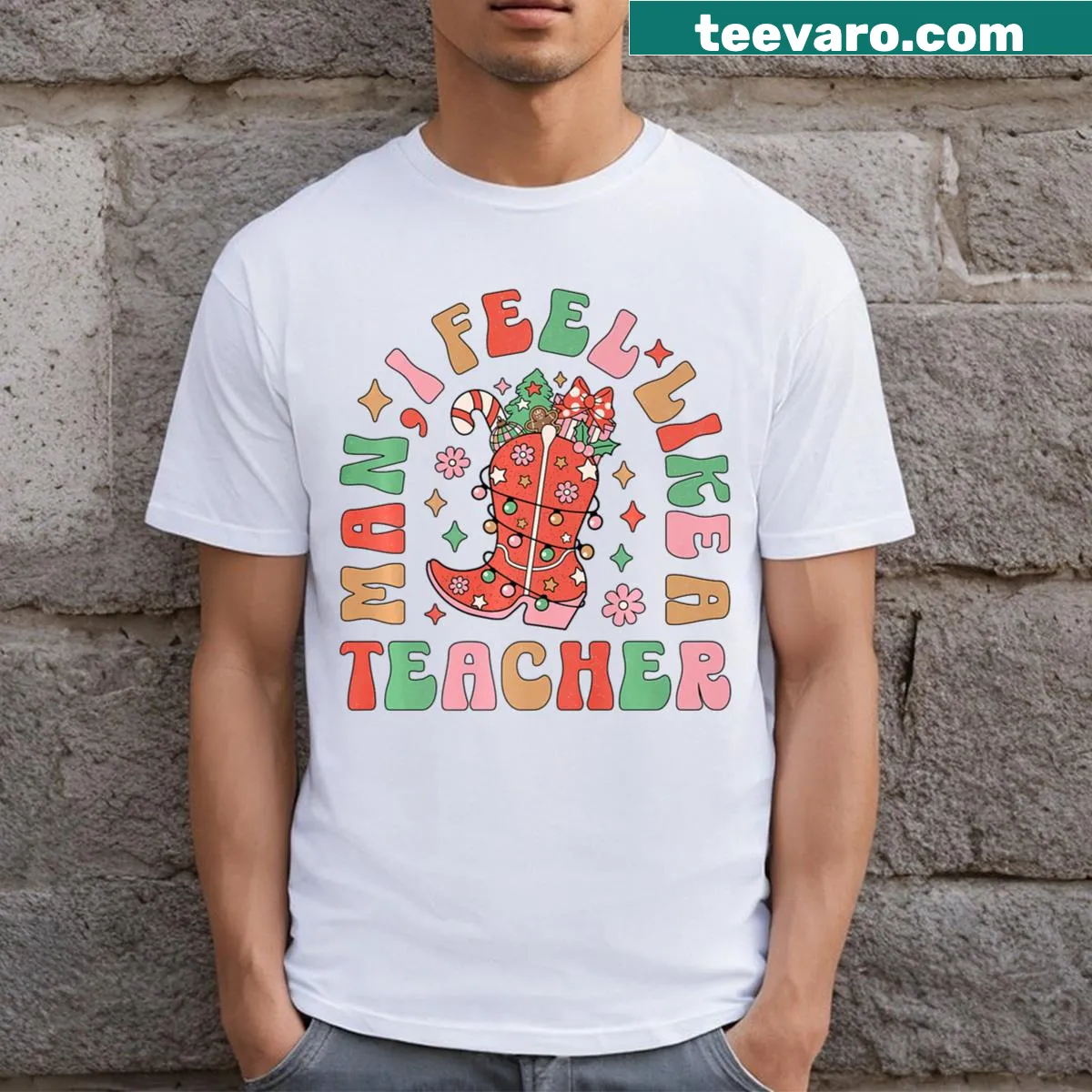 Funny Christmas teacher T-shirt with cartoon graphic — on a men's t-shirt