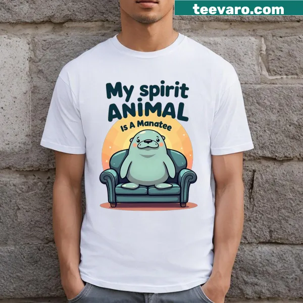 Cute t-shirt featuring a cartoon manatee as a spirit animal