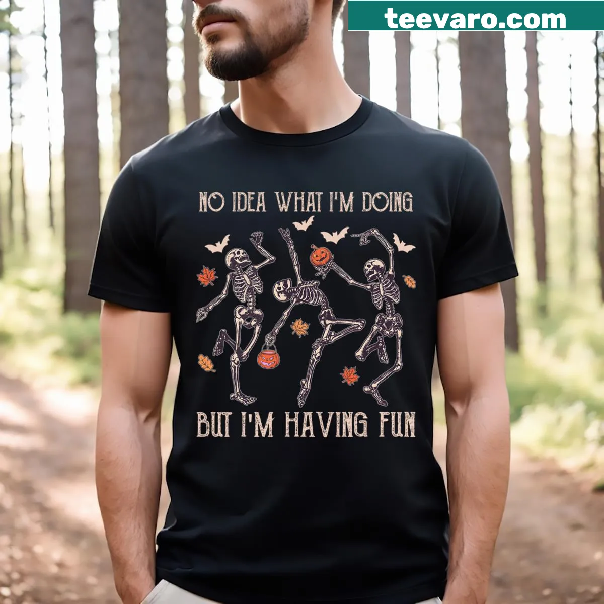 Dancing skeleton design for Halloween fun with a playful vibe — on a men's t-shirt