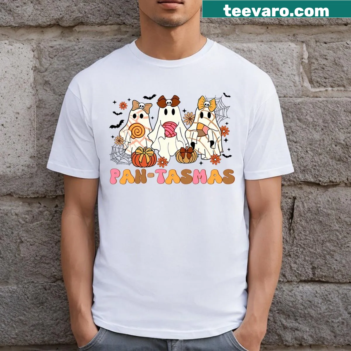 Funny ghost with conchas design celebrating Mexican culture — on a men's t-shirt