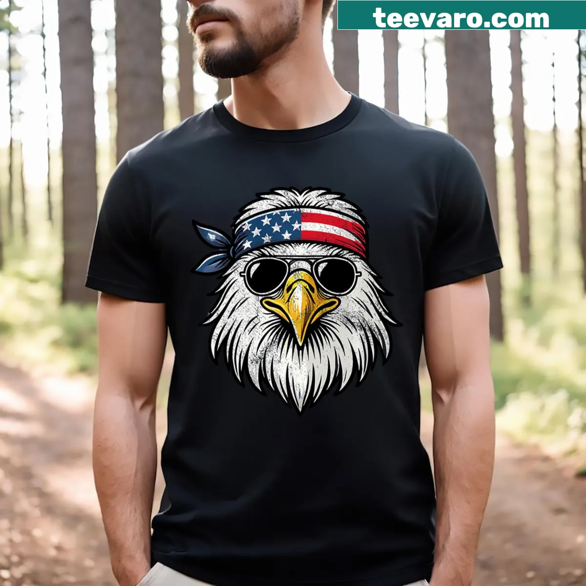 Eagle with American flag and sunglasses graphic on T-shirt — on a men's t-shirt