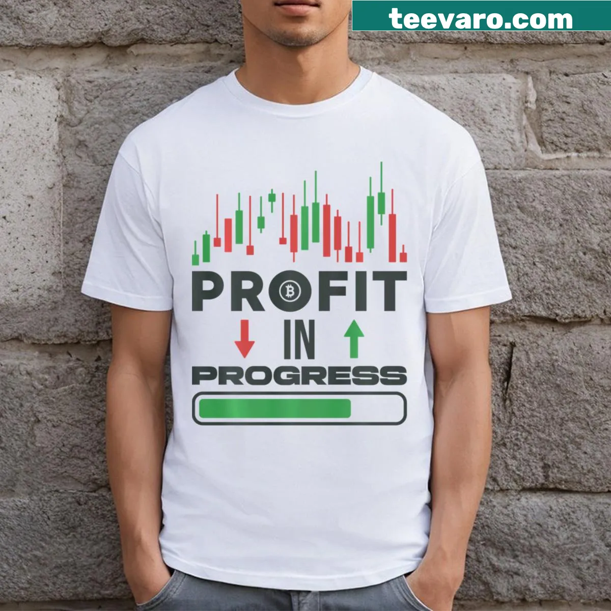 Funny crypto investor tee with text 'Profit In Progress' — on a men's t-shirt