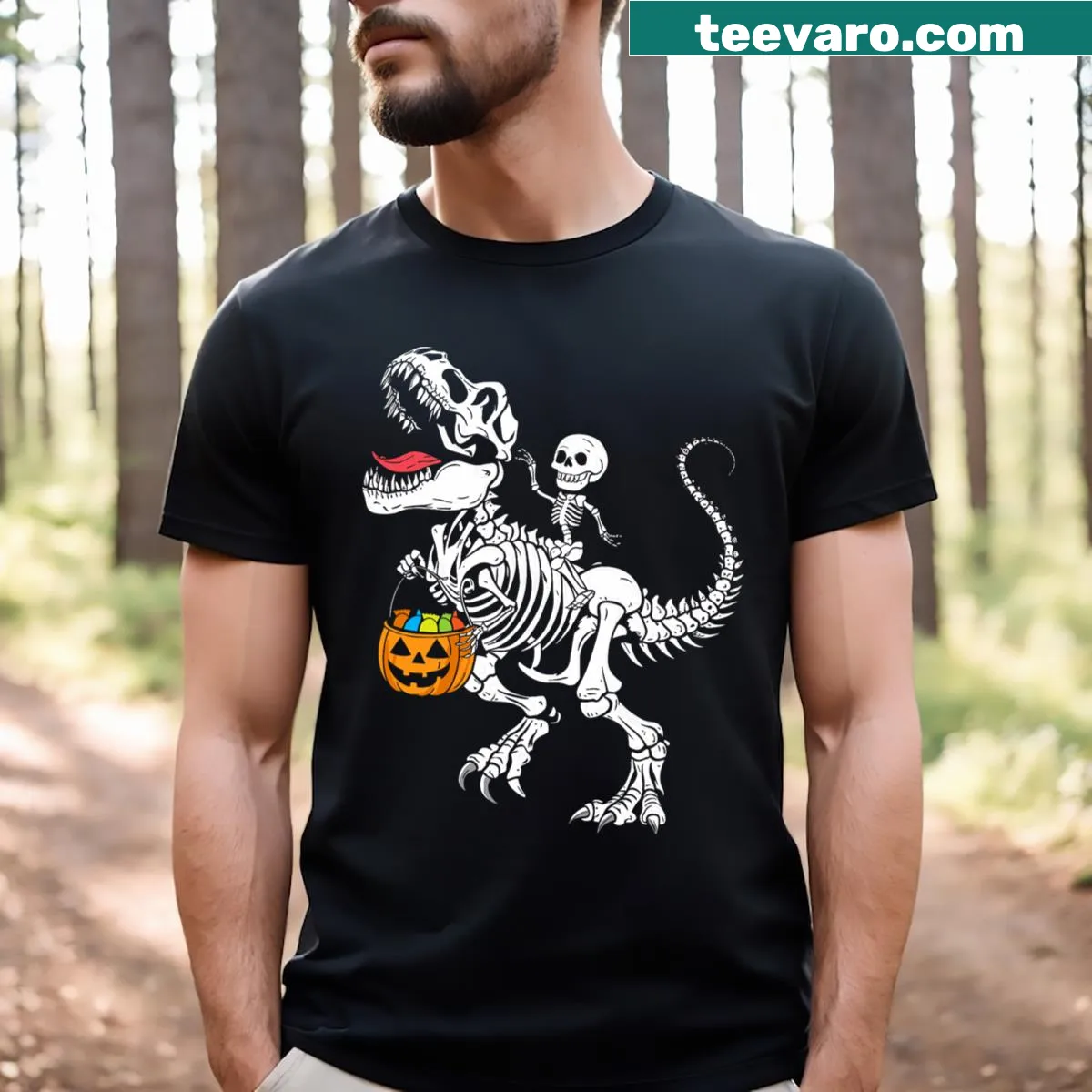 Halloween t-shirt with a skeleton dinosaur and pumpkin design — on a men's t-shirt