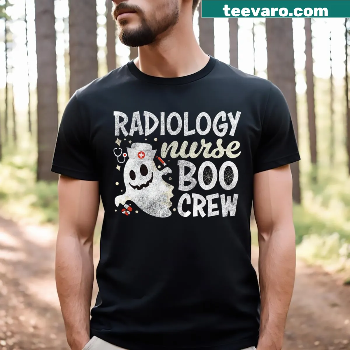 Funny Halloween T-shirt for radiology nurses with ghost graphic — on a men's t-shirt