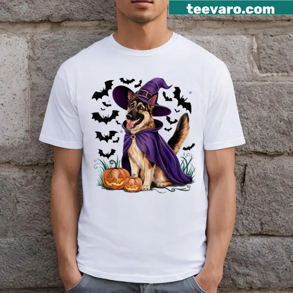 Halloween raglan t-shirt featuring a German Shepherd in a witch hat with pumpkin and bat