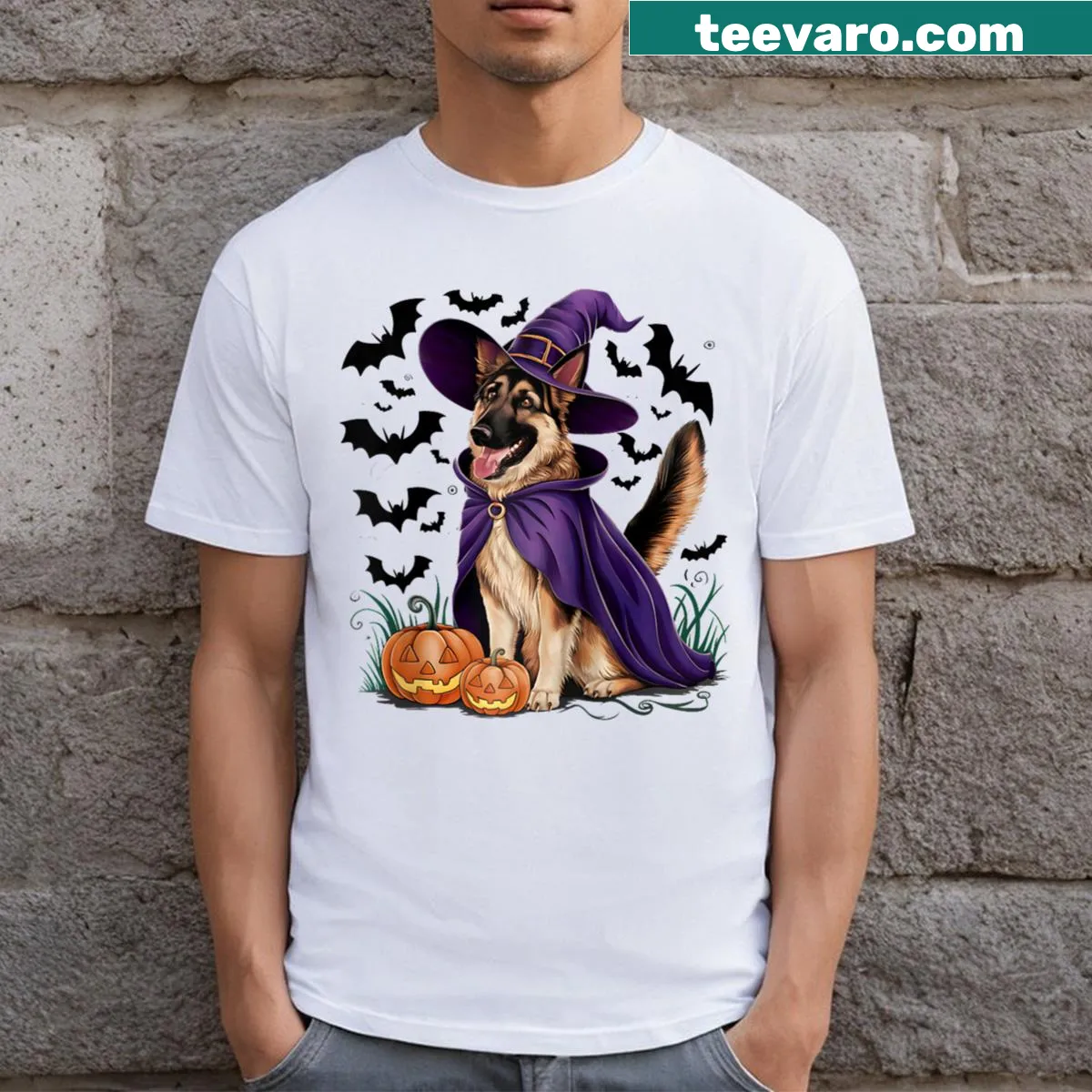 Halloween raglan t-shirt featuring a German Shepherd in a witch hat with pumpkin and bat — on a men's t-shirt