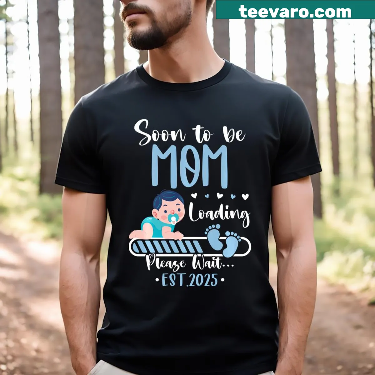 Cute t-shirt for soon-to-be moms with Loading message for 2025 — on a men's t-shirt