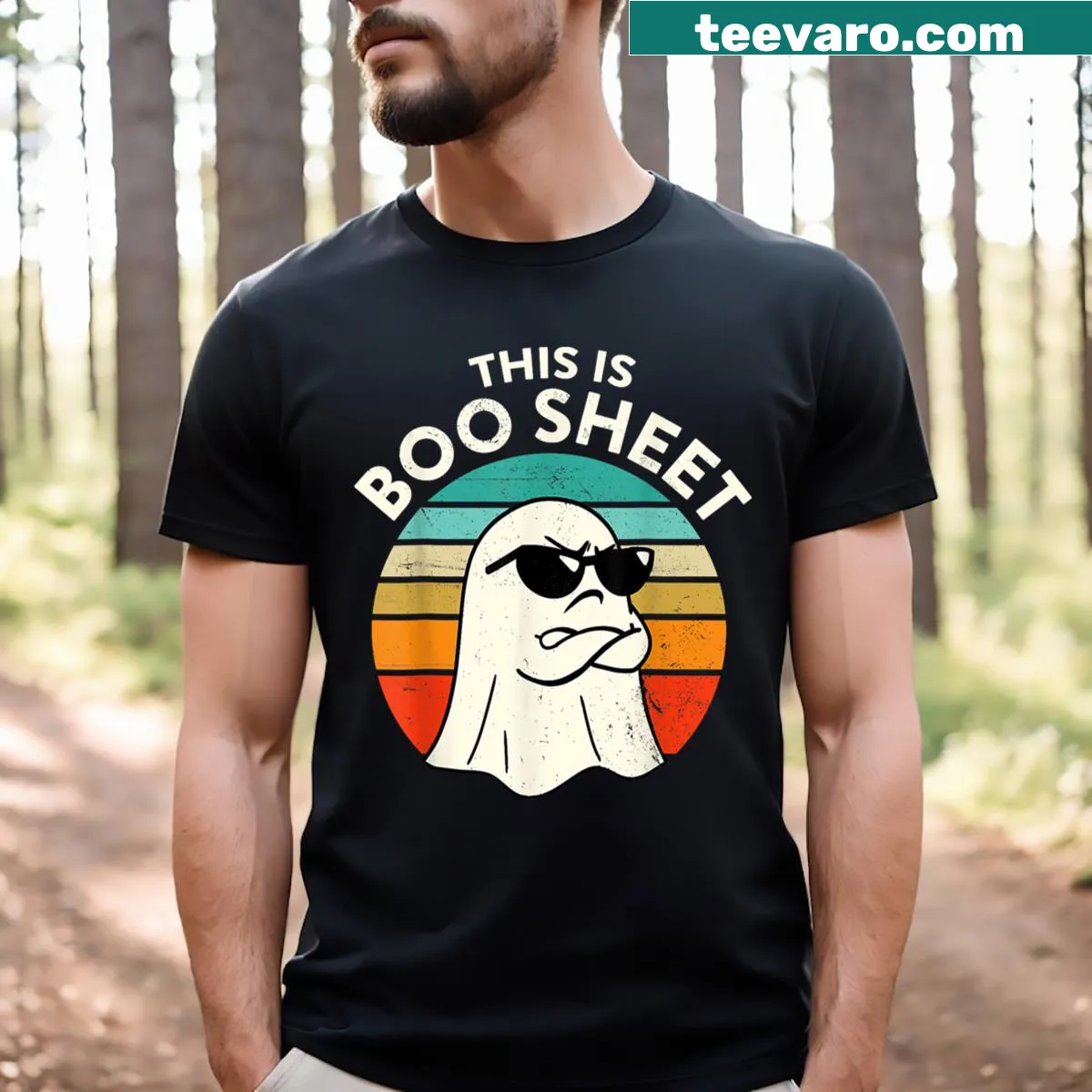 Retro Halloween shirt with 'This Is Boo Sheet' and ghost graphic — on a men's t-shirt