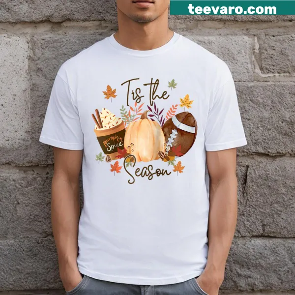 Cute fall Thanksgiving shirt featuring football and pumpkin spice