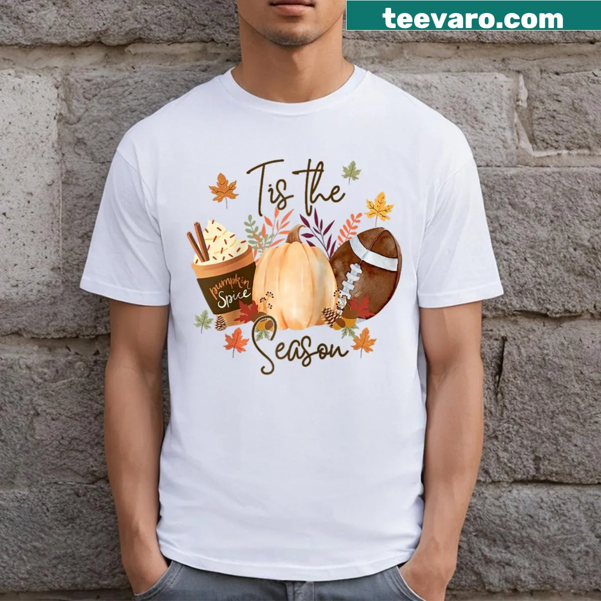 Cute fall Thanksgiving shirt featuring football and pumpkin spice — on a men's t-shirt