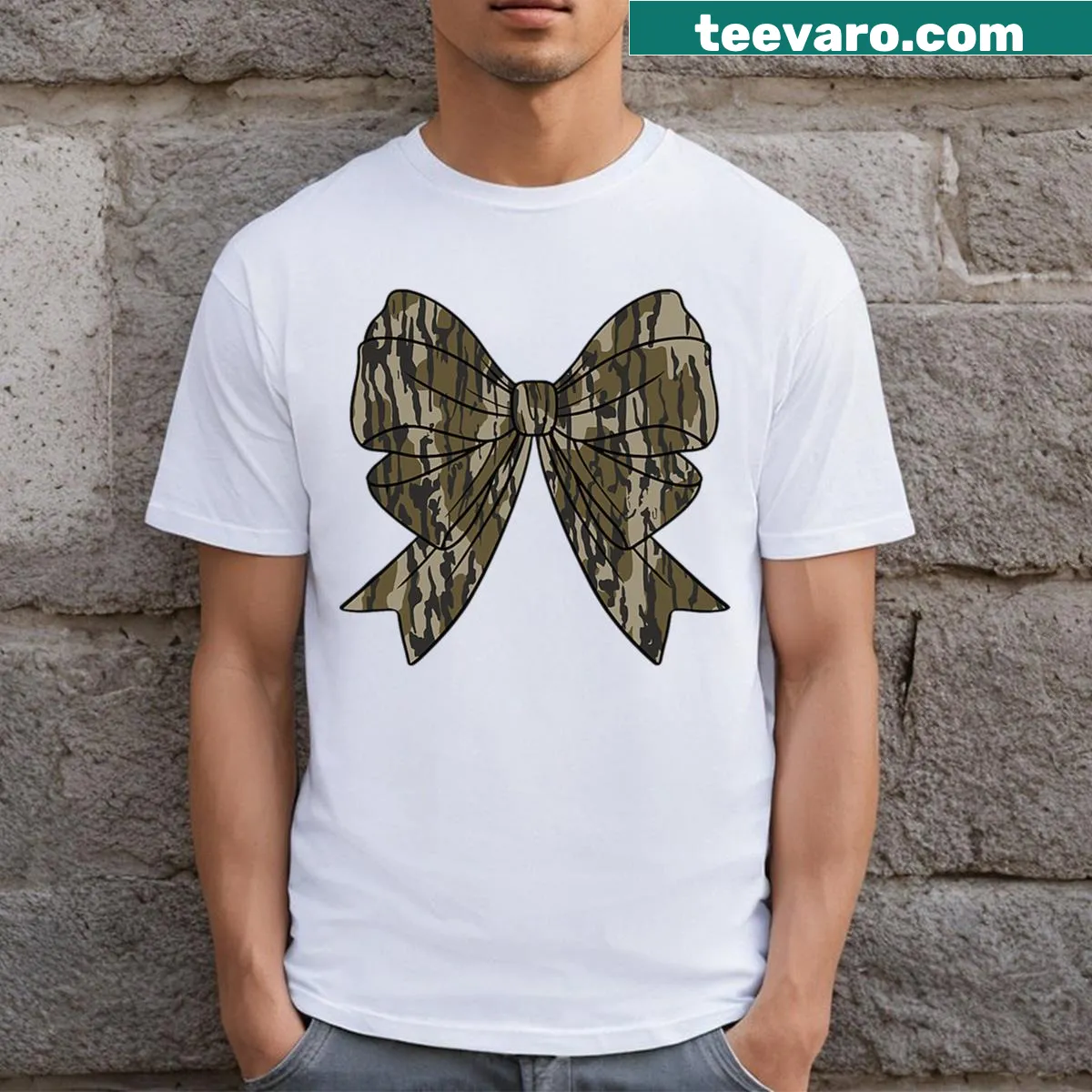 Distressed vintage camo T-shirt with humorous bow and text — on a men's t-shirt