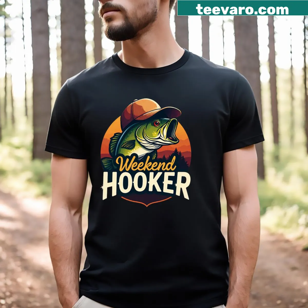 Funny fishing T-shirt with 'Weekend Hooker' text — on a men's t-shirt