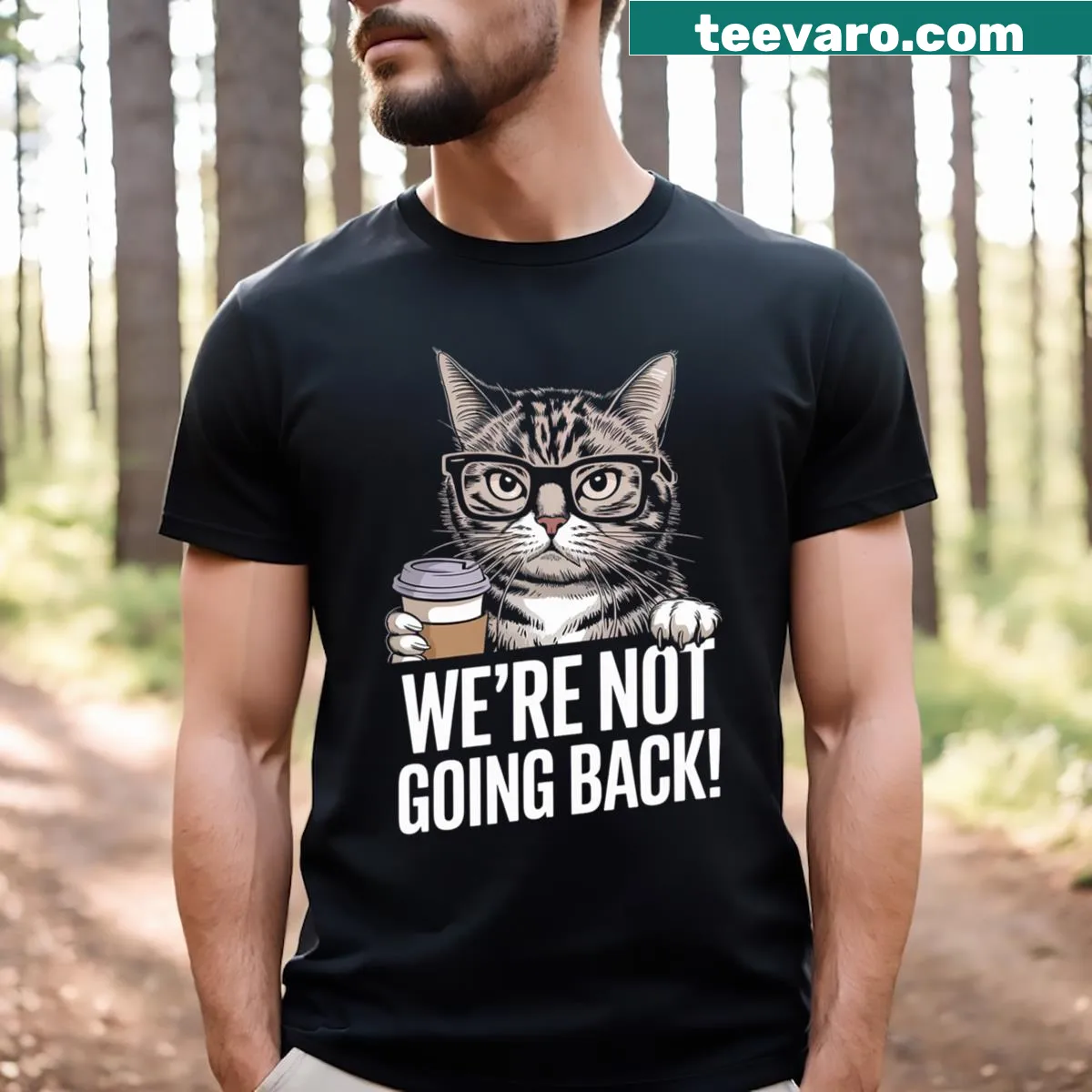 Funny cat quote T-shirt with political message and coffee theme — on a men's t-shirt