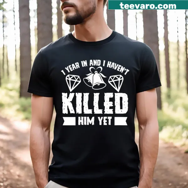 Humorous anniversary V-neck tee with text about relationship milestones
