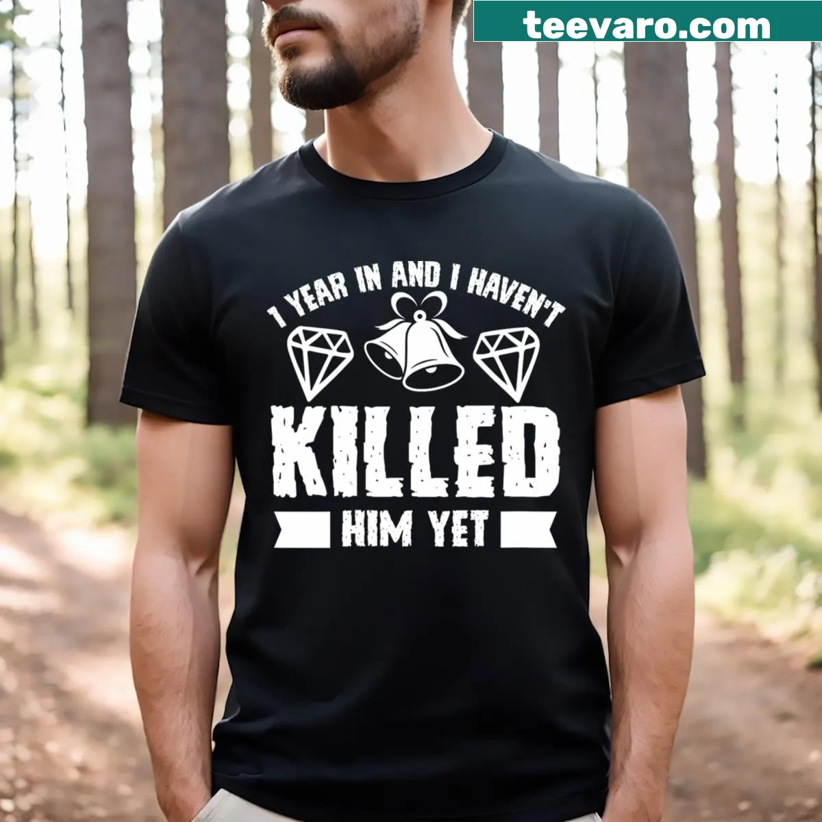 Humorous anniversary V-neck tee with text about relationship milestones — on a men's t-shirt