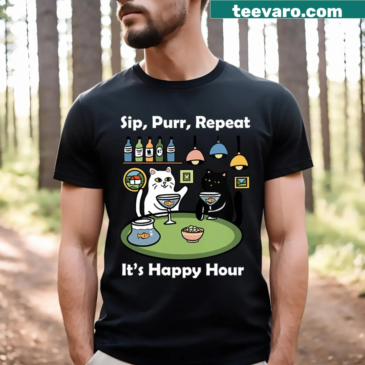 Cat-themed V-neck t-shirt with wine and purring design — on a men's t-shirt