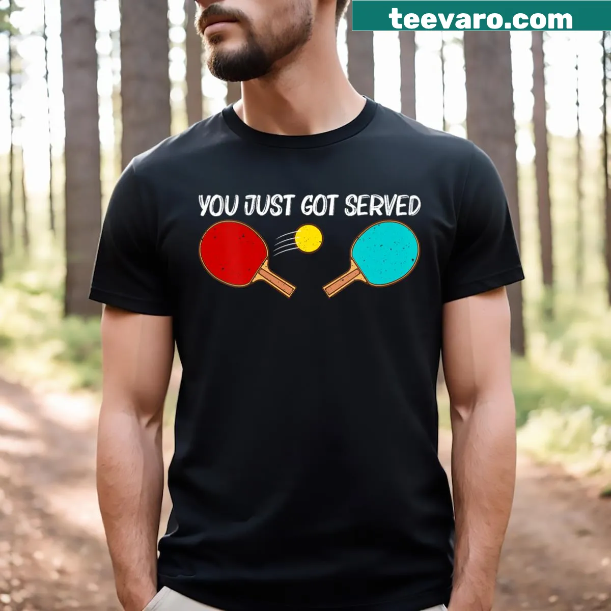 Playful V-neck T-shirt with ping pong illustration and text — on a men's t-shirt