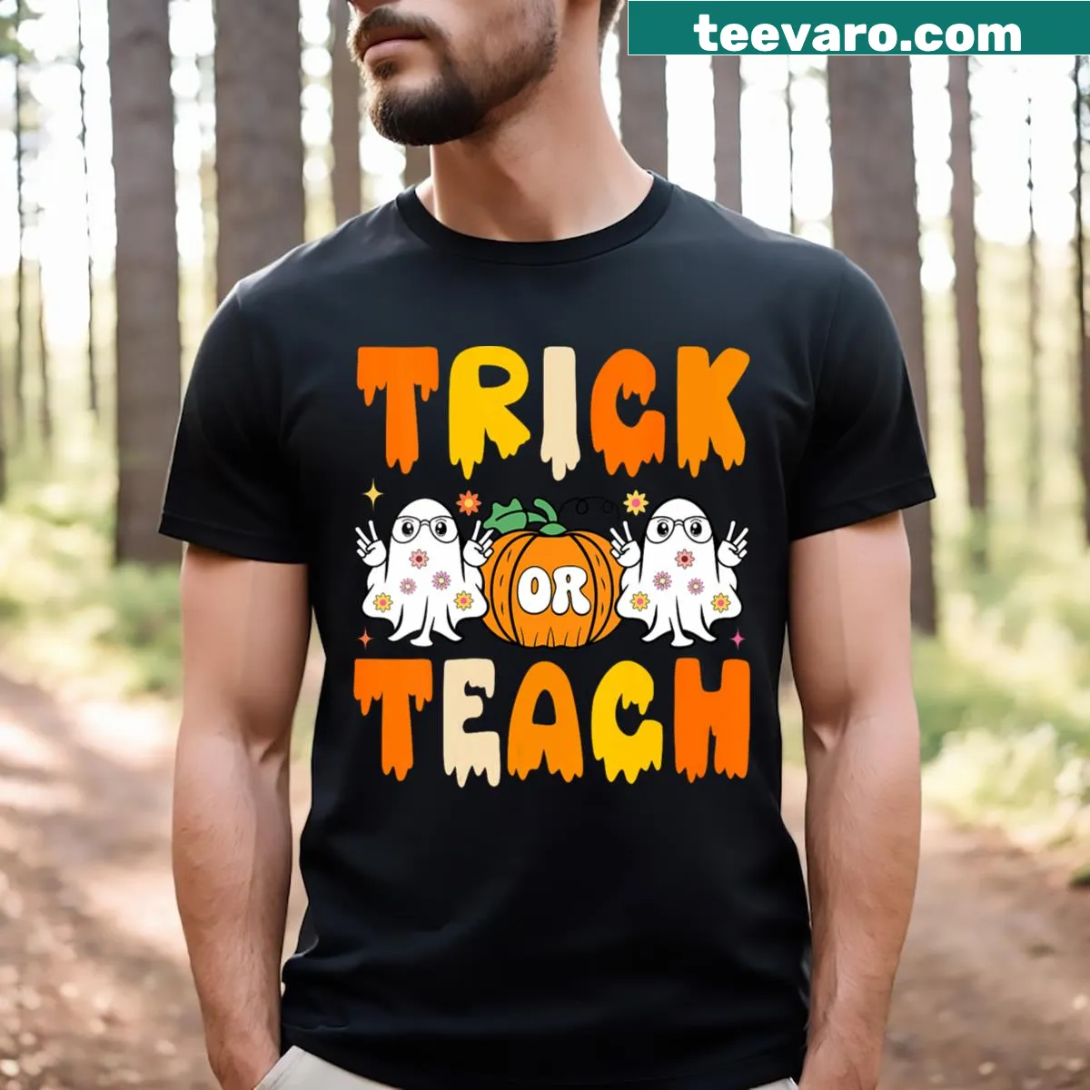 Retro ghost and floral design for teachers during Halloween — on a men's t-shirt