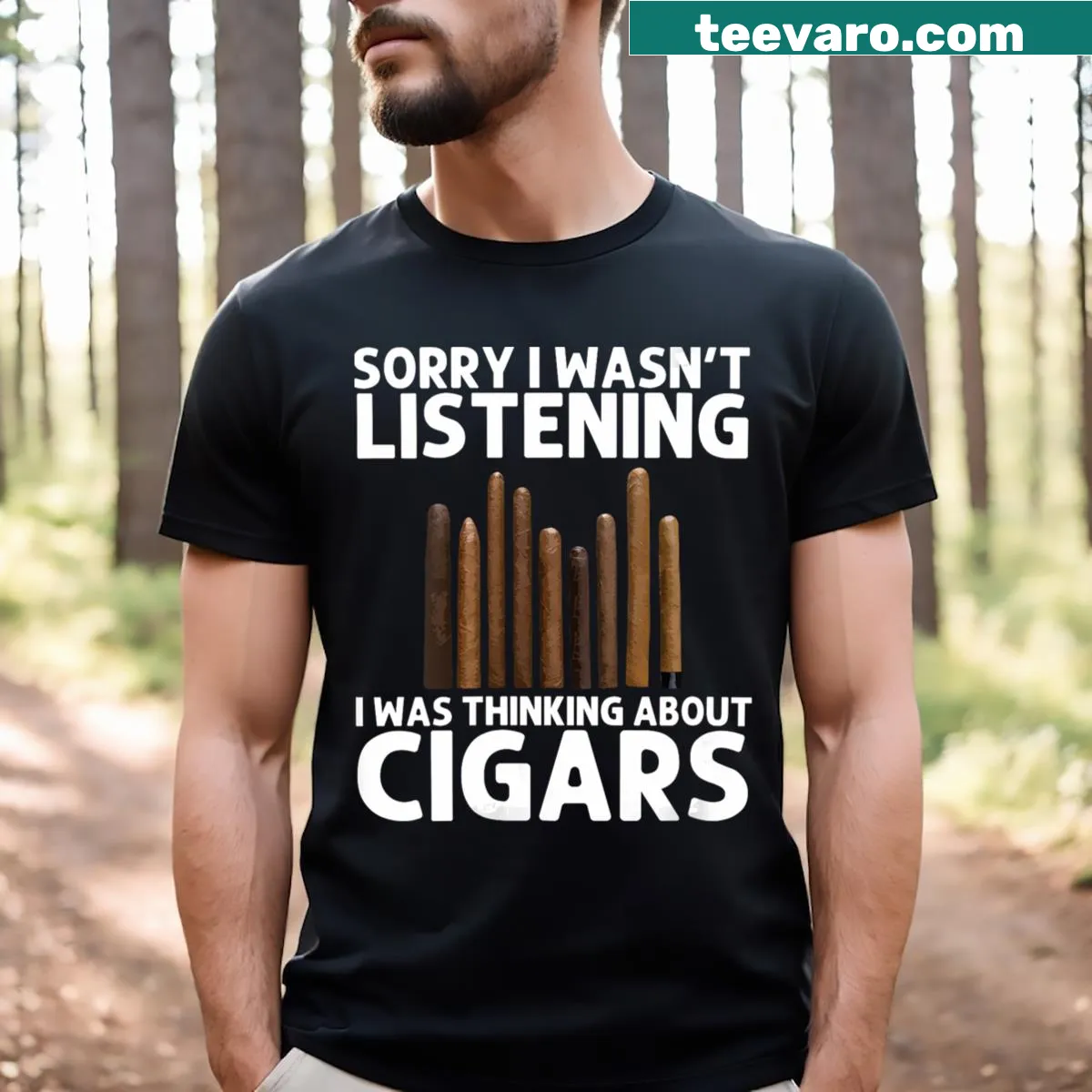 Funny V-neck T-shirt with a cigar graphic design — on a men's t-shirt