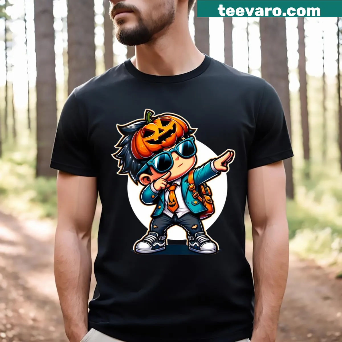 Funny Halloween-themed t-shirt with dabbing pumpkin illustration — on a men's t-shirt