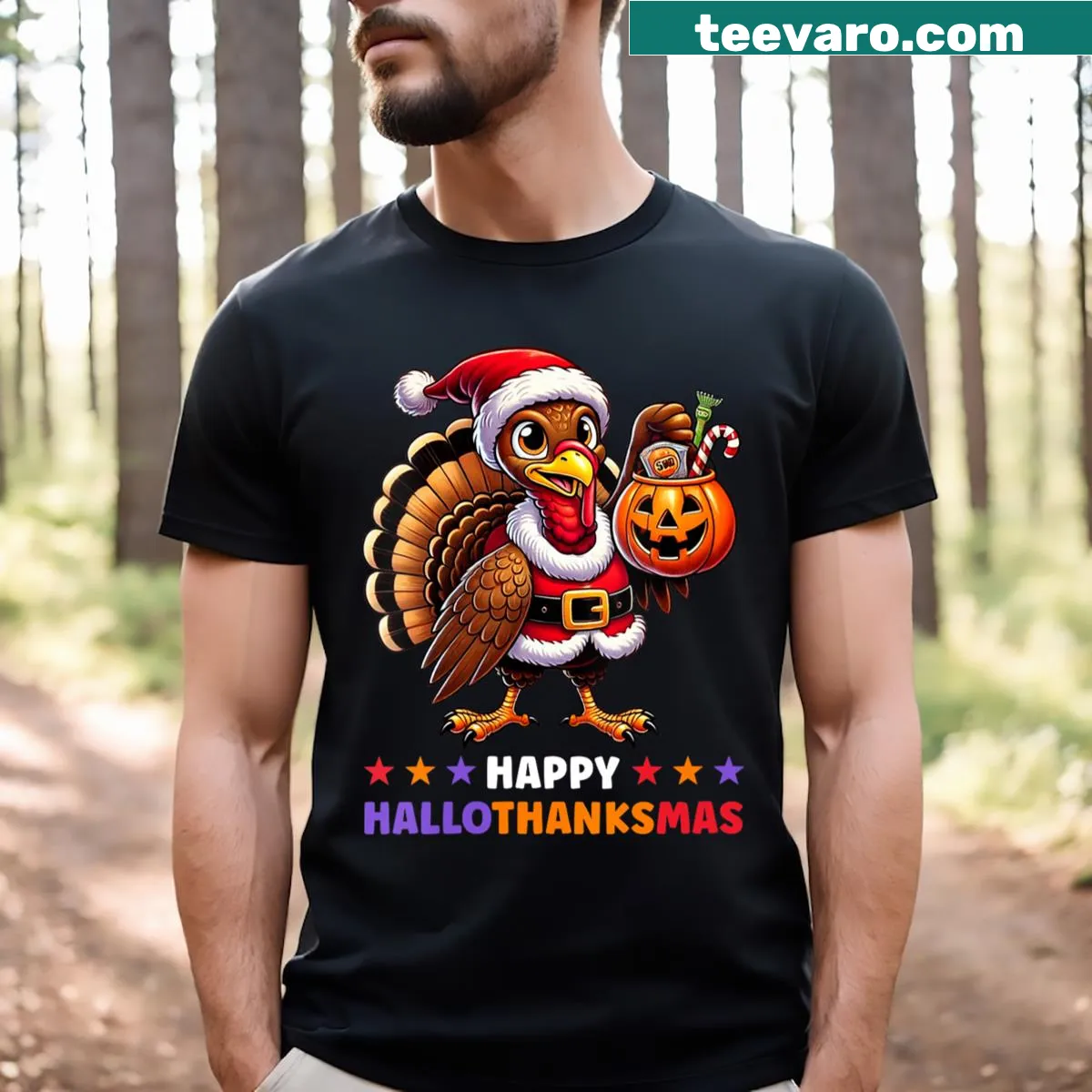 Funny Hallothanksmas t-shirt with whimsical holiday-themed text — on a men's t-shirt