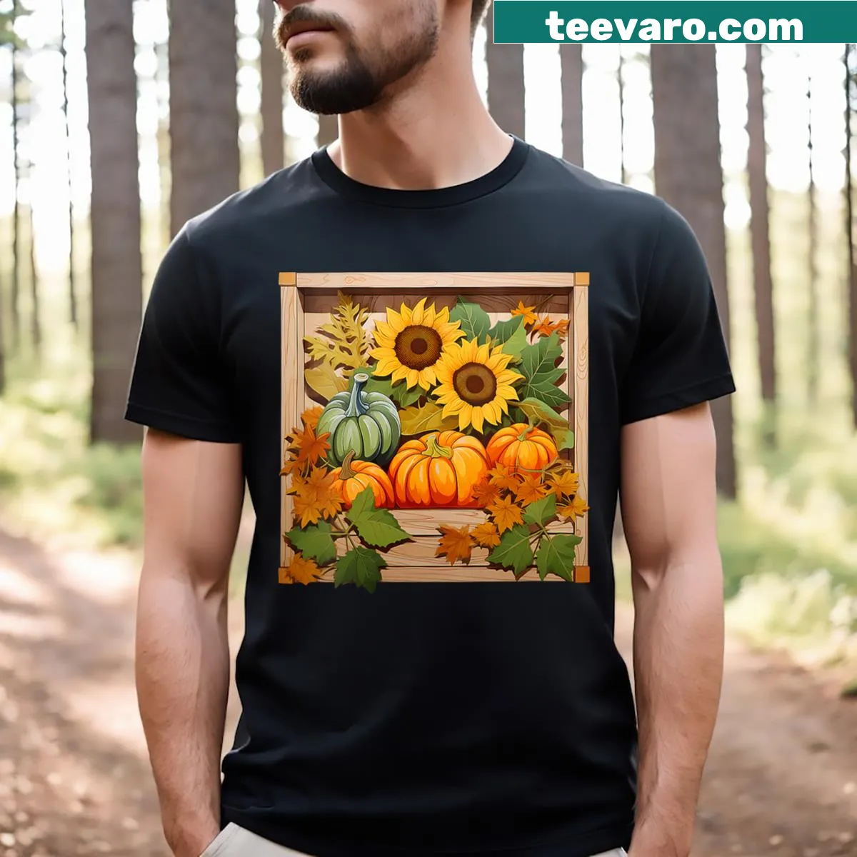 Funny Thanksgiving V-neck t-shirt with pumpkins and sunflowers — on a men's t-shirt