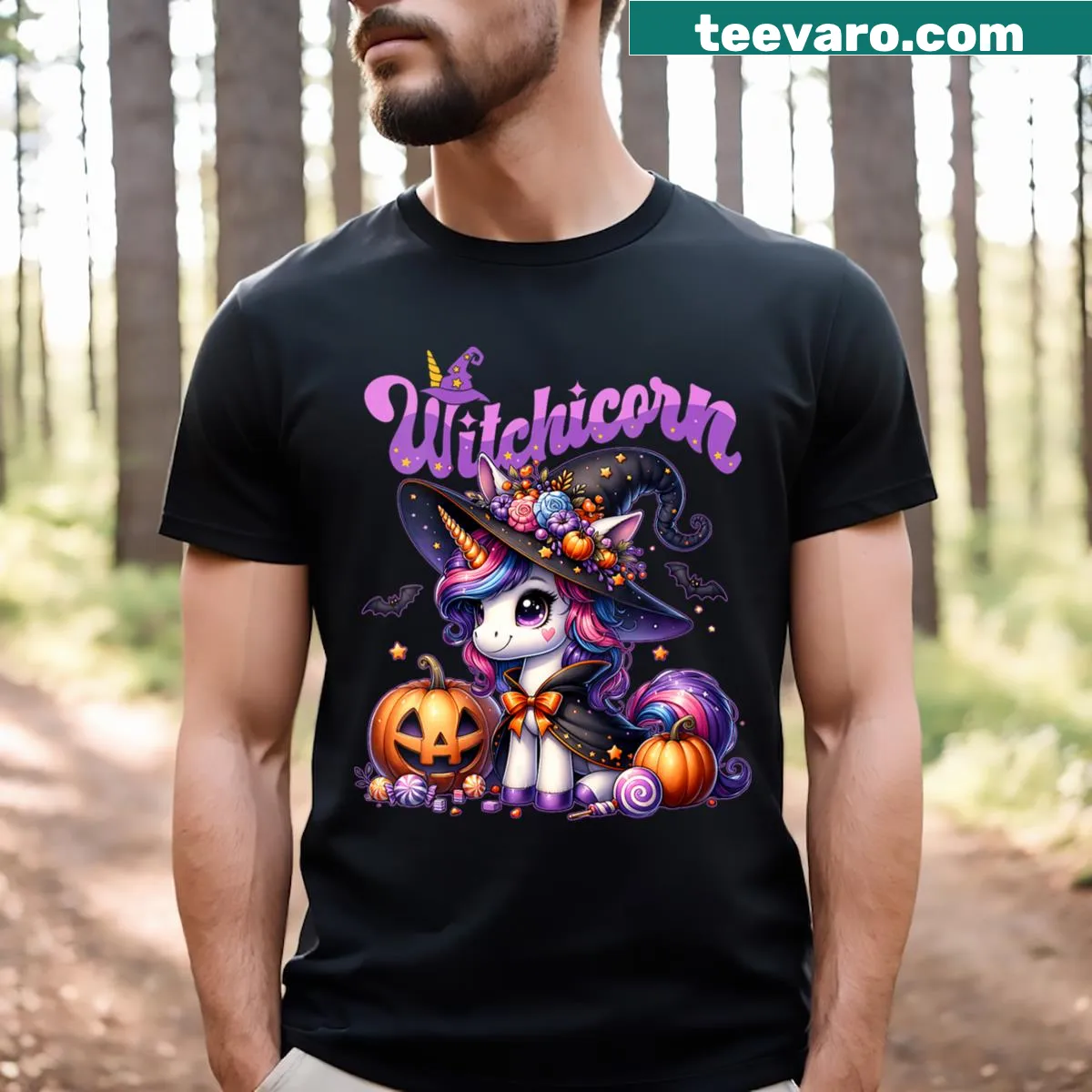 Witchicorn graphic t-shirt for Halloween with whimsical design — on a men's t-shirt