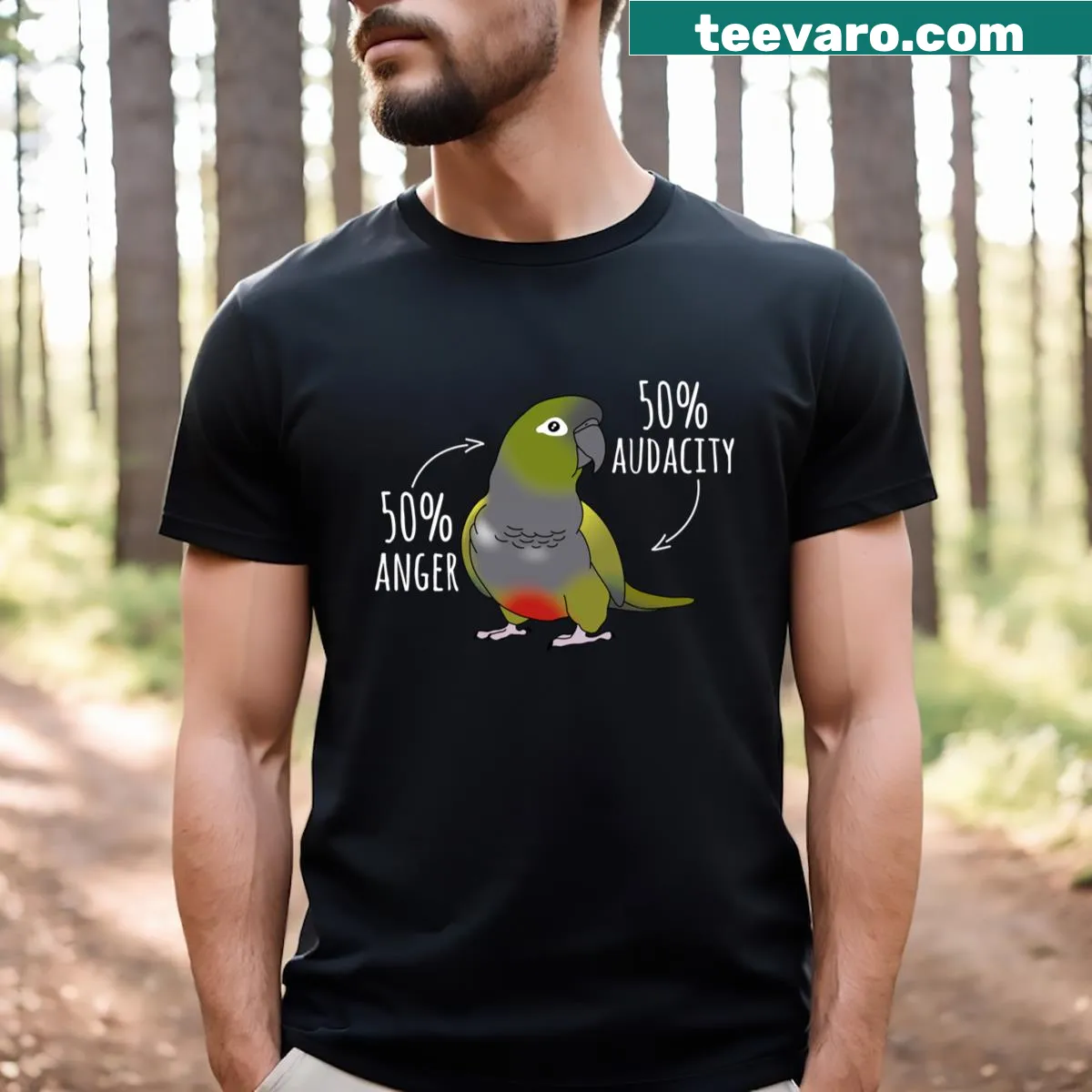 T-shirt with a Patagonian conure illustration and humorous text — on a men's t-shirt