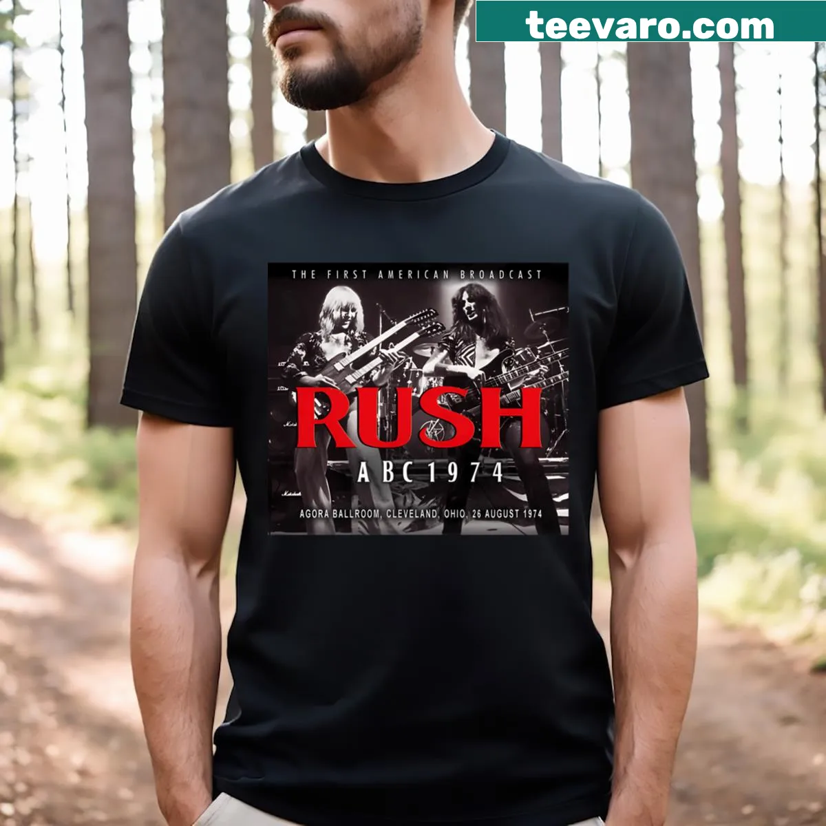 Vintage T-shirt featuring Rush band 1974 album cover — on a men's t-shirt