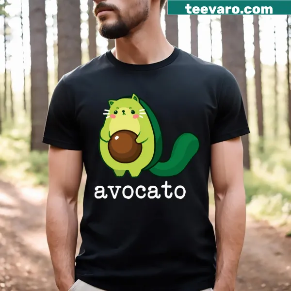 Cute cat and avocado meme T-shirt featuring a cartoon design