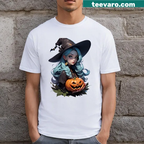 Cute cartoon witch design on a Halloween-themed T-shirt